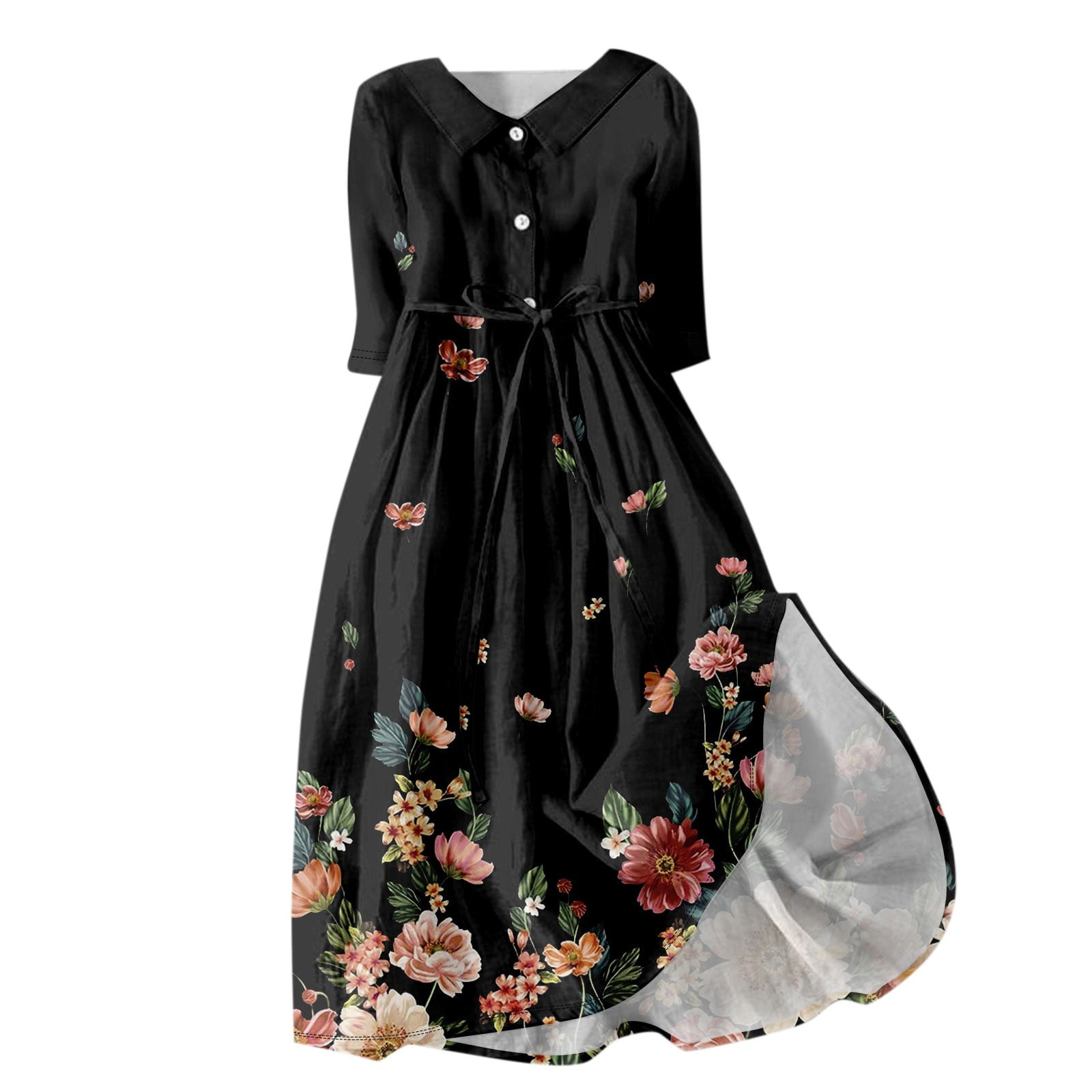 QWKLEAJ Boho Dresses for Women 2024 Casual Lapel Neck Button Long Dress