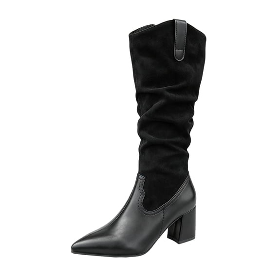 QWKLEAJ Fall Winter Retro Western Cowgirl Boots for Women, Slouchy Wide Calf Knee High Design, Faux Suede, Pointed Toe, Chunky Stacked Heel & Side Zipper, Fashion Tall Dress Boots Black 5