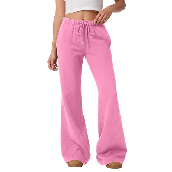 QWKLEAJ Women's High Waist Drawstring Flare Sweatpants Soft Fleece Lined Wide Leg Bootcut Joggers Casual Athletic Trousers with Pockets Pink M
