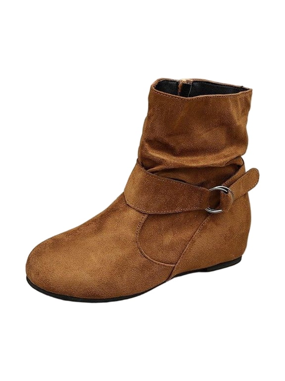 Flat Ankle Booties for Women – Slouchy Short Boots with Belt Buckle, Flat Side Zipper Fashion Booties for Fall Winter Daily Walking Light Brown 9