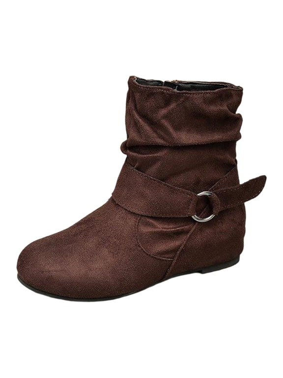 Flat Ankle Booties for Women – Slouchy Short Boots with Belt Buckle, Flat Side Zipper Fashion Booties for Fall Winter Daily Walking Coffee 9