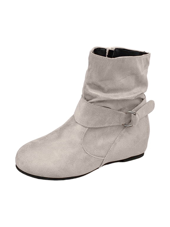 Flat Ankle Booties for Women – Slouchy Short Boots with Belt Buckle, Flat Side Zipper Fashion Booties for Fall Winter Daily Walking Gray 10
