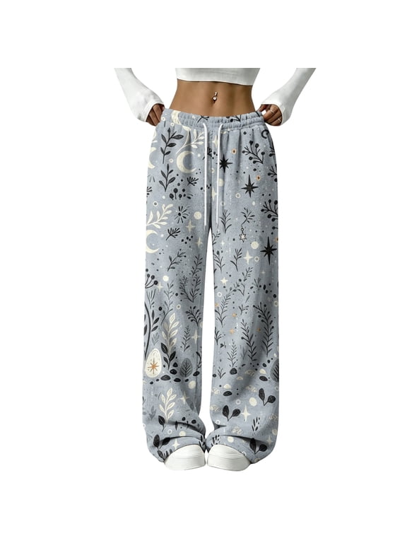 Floral Moon Star Printed Flannel Pants for Women Elastic Drawstring High Waist Loose Wide Leg Casual Sleep Trousers Gray 2XL