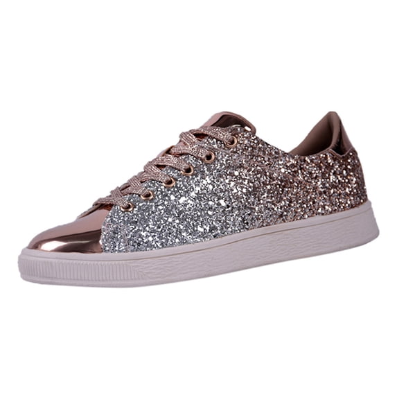 QWKLEAJ Gold Women's Glitter Tennis Sneakers Lightweight Sparkly Fashion Sneakers Non Slip Flat Sole Gradient Shiny Casual Walking Shoes for Party Daily Street Wear 8.5