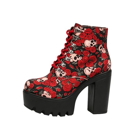 QWKLEAJ Goth Platform Ankle Boots for Women, Lace‑Up Chunky High Heel Combat Booties, Victorian Floral Plaid Printed Upper Lug Sole Shoes for Halloween Party Street Outfit, Wine 8