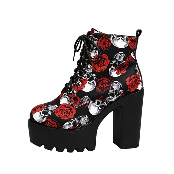 QWKLEAJ Goth Platform Ankle Boots for Women, Lace‑Up Chunky High Heel Combat Booties, Victorian Floral Plaid Printed Upper Lug Sole Shoes for Halloween Party Street Outfit, Black 5