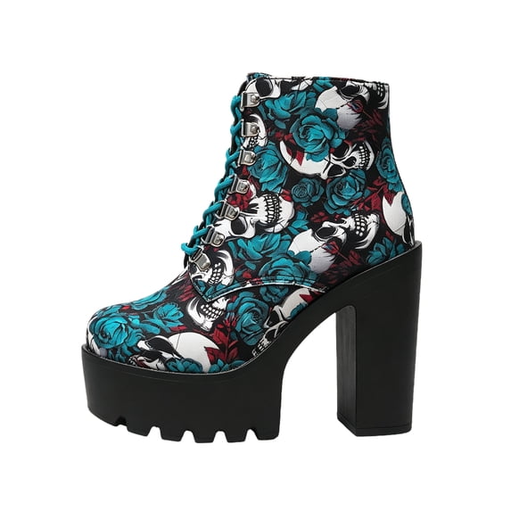 QWKLEAJ Goth Platform Ankle Boots for Women, Lace‑Up Chunky High Heel Combat Booties, Victorian Floral Plaid Printed Upper Lug Sole Shoes for Halloween Party Street Outfit, Blue 6.5