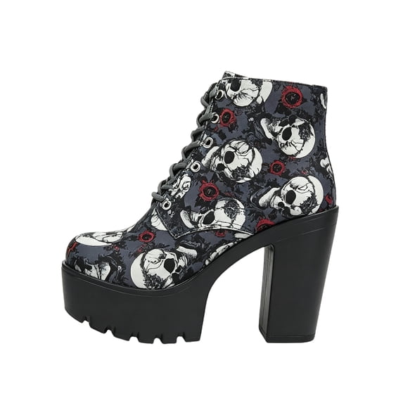 QWKLEAJ Goth Platform Ankle Boots for Women, Lace‑Up Chunky High Heel Combat Booties, Victorian Floral Plaid Printed Upper Lug Sole Shoes for Halloween Party Street Outfit, Gray 8.5
