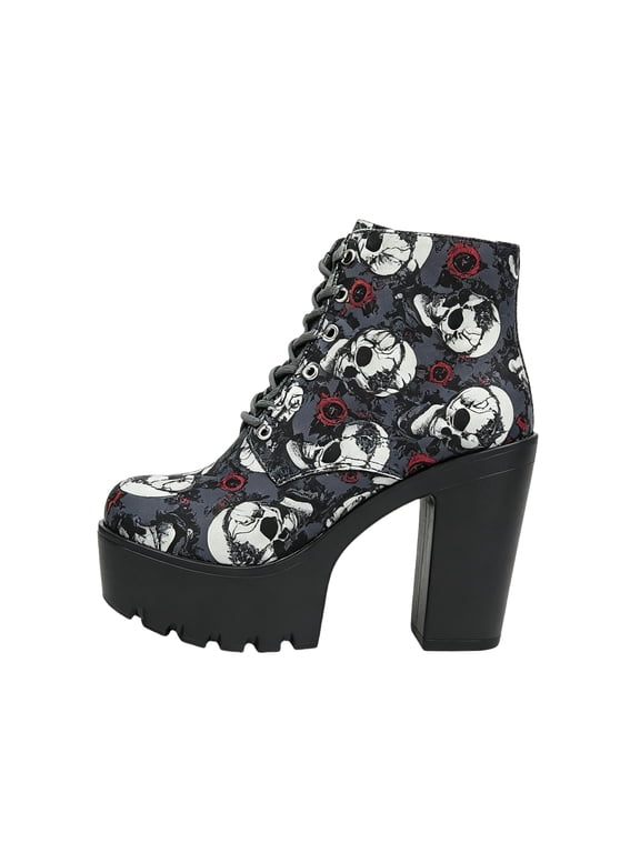 Goth Platform Ankle Boots for Women, Lace‑Up Chunky High Heel Combat Booties, Victorian Floral Plaid Printed Upper Lug Sole Shoes for Halloween Party Street Outfit, Gray 8.5