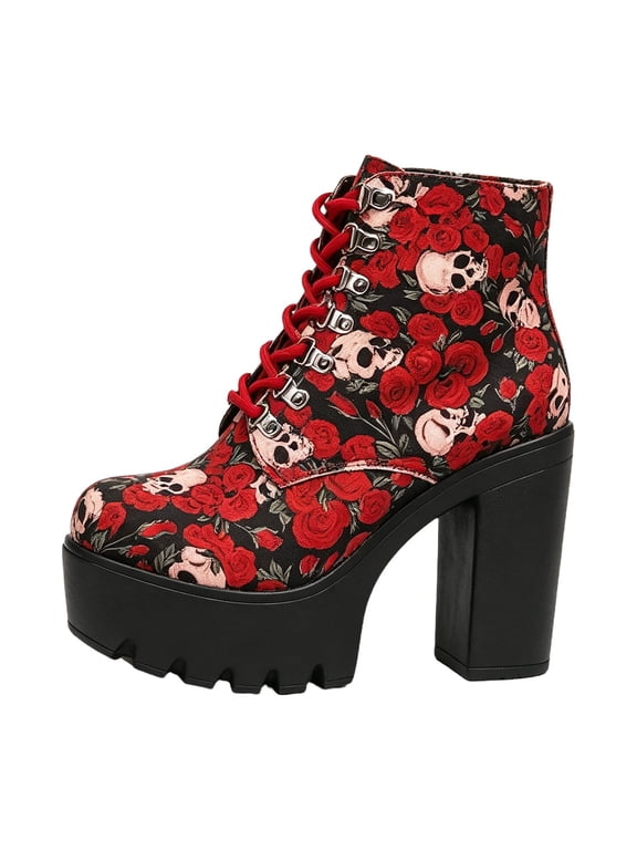 Goth Platform Ankle Boots for Women, Lace‑Up Chunky High Heel Combat Booties, Victorian Floral Plaid Printed Upper Lug Sole Shoes for Halloween Party Street Outfit, Wine 8.5