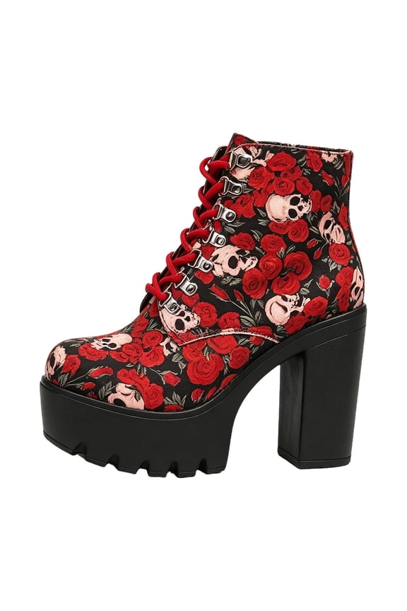 Goth Platform Ankle Boots for Women, Lace‑Up Chunky High Heel Combat Booties, Victorian Floral Plaid Printed Upper Lug Sole Shoes for Halloween Party Street Outfit, Wine 8.5