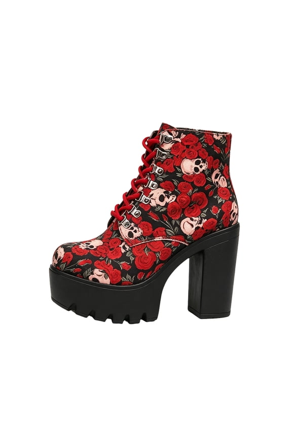 Goth Platform Ankle Boots for Women, Lace‑Up Chunky High Heel Combat Booties, Victorian Floral Plaid Printed Upper Lug Sole Shoes for Halloween Party Street Outfit, Wine 6