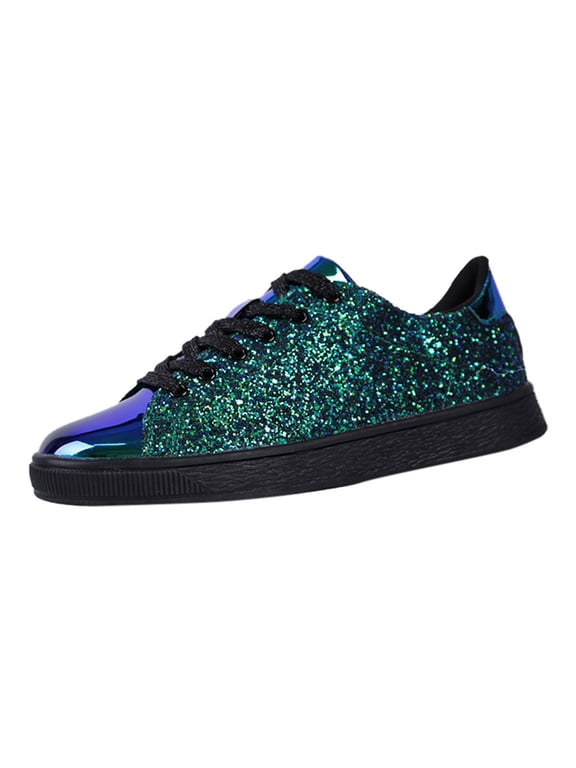 Green Women's Glitter Tennis Sneakers Lightweight Sparkly Fashion Sneakers Non Slip Flat Sole Gradient Shiny Casual Walking Shoes for Party Daily Street Wear 8.5
