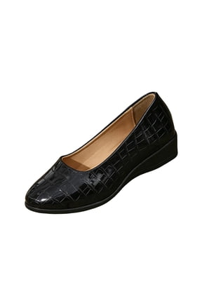 Grid Croc Embossed Wedge Sneakers for Women Glossy Patent Slip On Shoes for Women low heels Round Toe Casual Breathable Walk Flats Non Slip Footwear for Daily Office Shopping Black 5.5