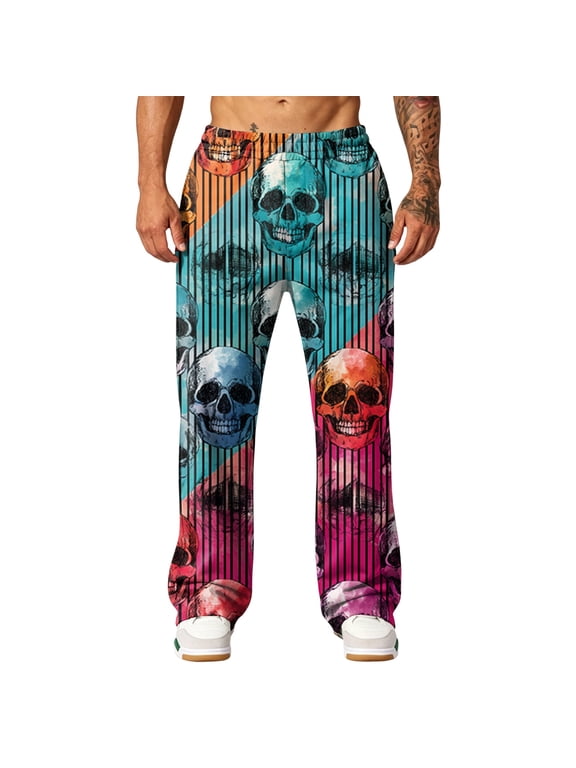 Halloween Pajama Pants Men Skull Print Lounge Pants Wide Leg Sweatpants With Pockets Casual Sleepwear Novelty Trousers Autumn Winter Loungewear Gothic Skeleton Pattern Comfy Home Pants