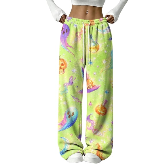 QWKLEAJ Halloween Pajama Pants Women Flannel Sleepwear Lounge Pants Loose Fit Elastic Waist Sleep Pants Holiday Party Casual Trousers Cute Pumpkin Ghost Print Nightwear