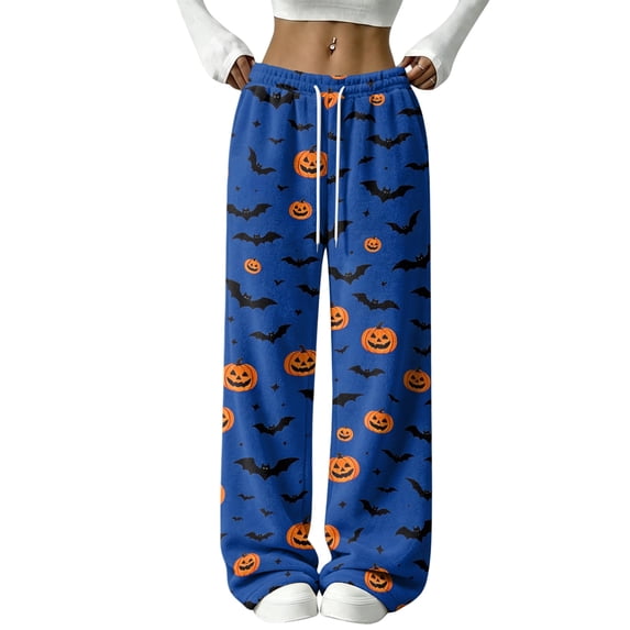 QWKLEAJ Halloween Pajama Pants Women Flannel Sleepwear Lounge Pants Loose Fit Elastic Waist Sleep Pants Holiday Party Casual Trousers Cute Pumpkin Ghost Print Nightwear