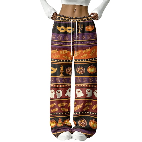 QWKLEAJ Halloween Pajama Pants Women Loose Fit Lounge Pants Pumpkin Cat Print Sleepwear Elastic Waist Casual Home Trousers Party Bottoms Long Pyjamas Comfy Loungewear Holiday Themed Nightwear