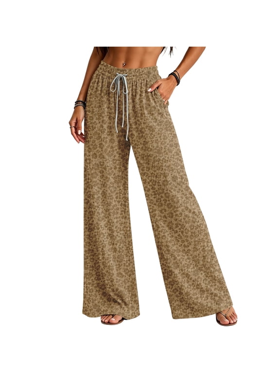 Leopard Print Wide Leg Pants for Women Elastic High Waist Drawstring Loose Casual Trousers with Pockets Flowy Palazzo Pants Camel M