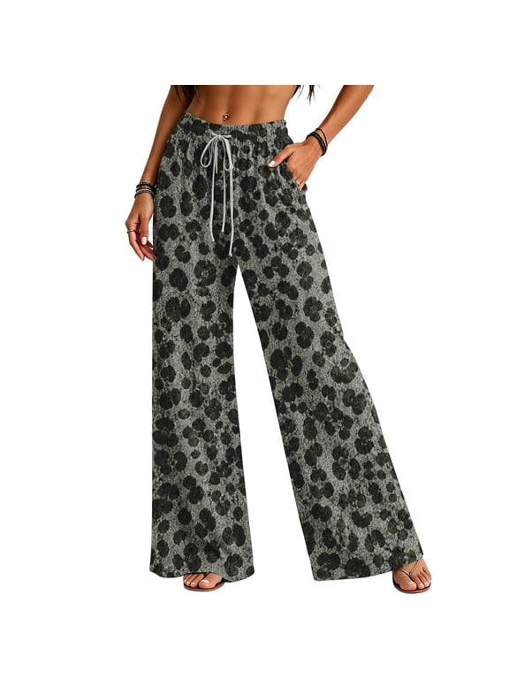 Leopard Print Wide Leg Pants for Women Elastic High Waist Drawstring Loose Casual Trousers with Pockets Flowy Palazzo Pants Navy M