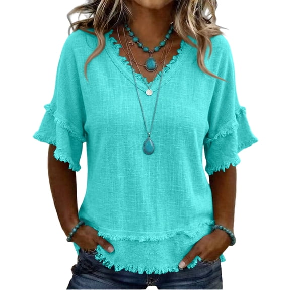 QWKLEAJ Linen Tops for Women Frayed Edge Linen Blend Blouse V Neck Ruffle Short Sleeve Boho Tunic Tops Casual Raw Hem Loose Fit Summer Shirts Cyan 2XL