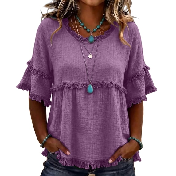 QWKLEAJ Linen Tops for Women Frayed Edge Linen Blend Blouse V Neck Ruffle Short Sleeve Boho Tunic Tops Casual Raw Hem Loose Fit Summer Shirts Purple S