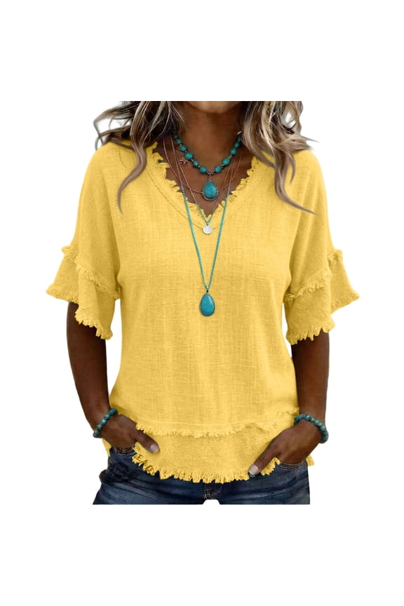 Linen Tops for Women Frayed Edge Linen Blend Blouse V Neck Ruffle Short Sleeve Boho Tunic Tops Casual Raw Hem Loose Fit Summer Shirts Yellow 3XL
