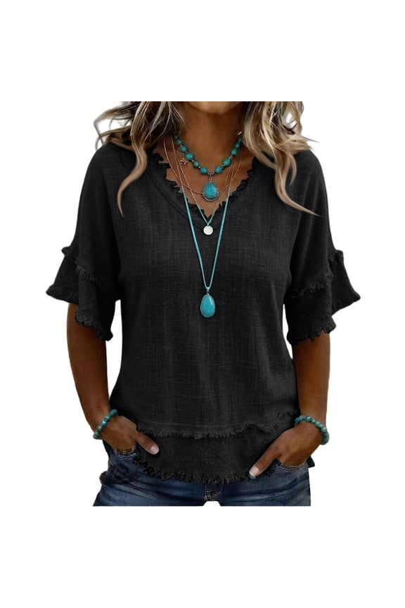 Linen Tops for Women Frayed Edge Linen Blend Blouse V Neck Ruffle Short Sleeve Boho Tunic Tops Casual Raw Hem Loose Fit Summer Shirts Black S