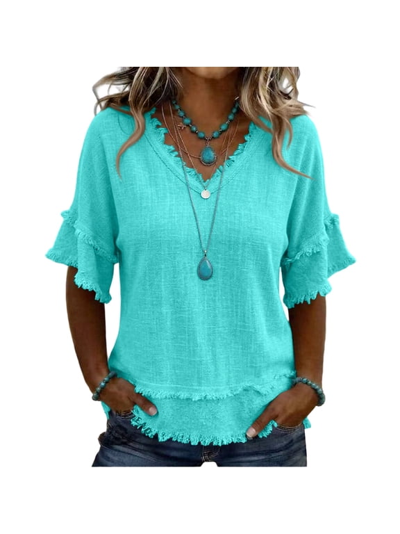 Linen Tops for Women Frayed Edge Linen Blend Blouse V Neck Ruffle Short Sleeve Boho Tunic Tops Casual Raw Hem Loose Fit Summer Shirts Cyan M