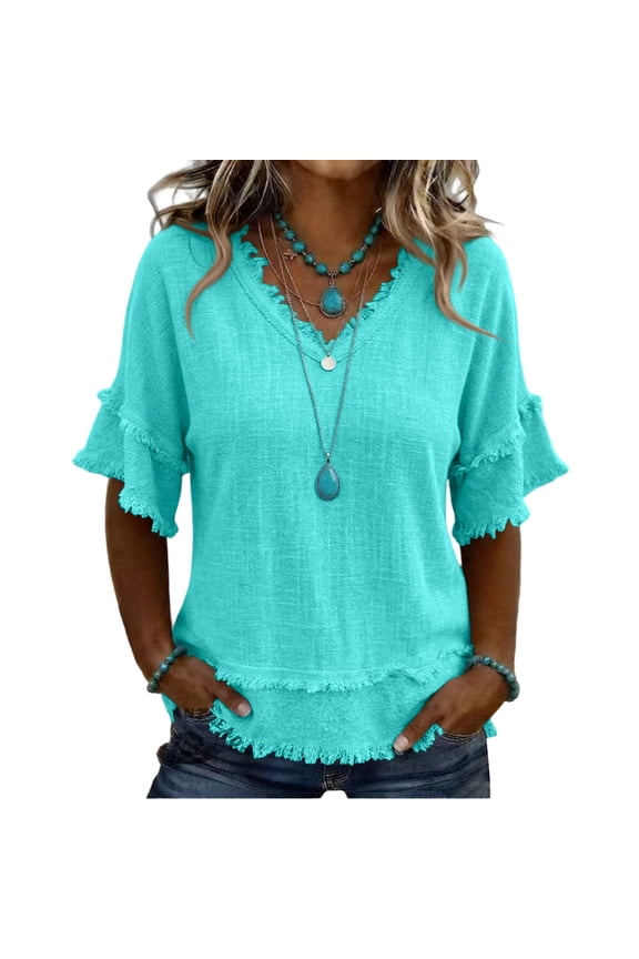 Linen Tops for Women Frayed Edge Linen Blend Blouse V Neck Ruffle Short Sleeve Boho Tunic Tops Casual Raw Hem Loose Fit Summer Shirts Cyan M