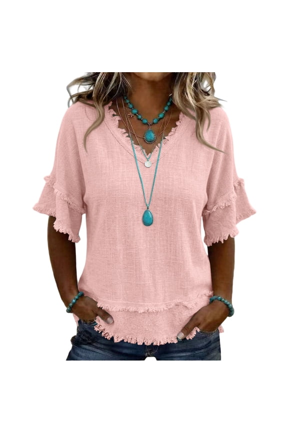 Linen Tops for Women Frayed Edge Linen Blend Blouse V Neck Ruffle Short Sleeve Boho Tunic Tops Casual Raw Hem Loose Fit Summer Shirts Pink XL