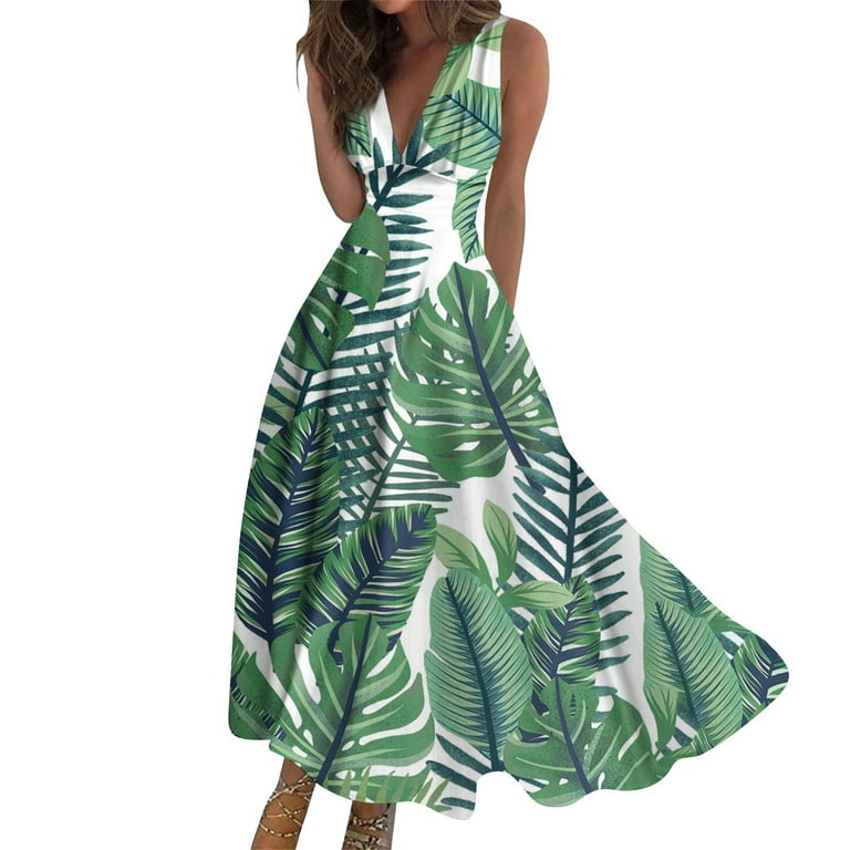 QWKLEAJ Maxi Dress for Women 2024 Deep V Neck Sleeveless Long Dress Loose Athletic Fit Summer Boho Dress Trendy Dressy Oversize Gradient Print Bech Dresses Dark Green 3XL Walmart