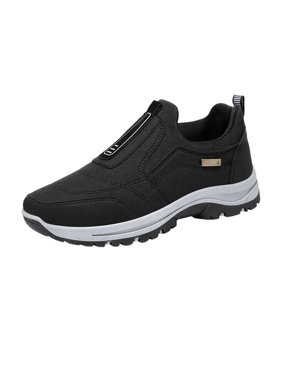 Men’s Casual Shoes Slip On Outdoor Hiking Sneakers, Soft Suede Round Toe Rugged Non Slip Arch Support Dress Shoes for Men Daily Walking Trail Work Trainers Black 10.5
