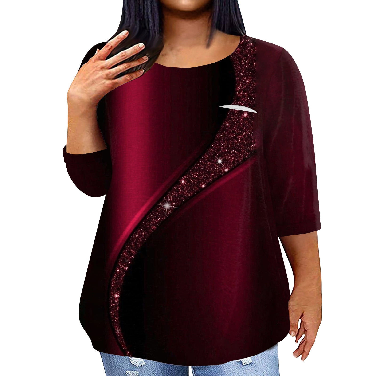 QWKLEAJ Plus Size Tops for Women Loose Casual Going Out Shirts 3/4