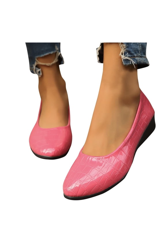 Round Toe Grid Croc Embossed Sneakers for Women Wedge Slip On Shoes for Women low heels Patent Leather Casual Breathable Walk Flats Non Slip Walking Shoes for Office Street Wear Hot Pink 9