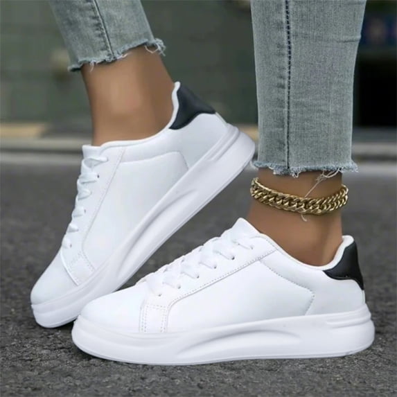 QWKLEAJ Unisex Platform White Sneakers, Water‑Resistant PU Leather Lace‑Up Casual Skate Shoes, Thick Sole Comfortable Daily Walking Shoes for Men Women Black 7.5