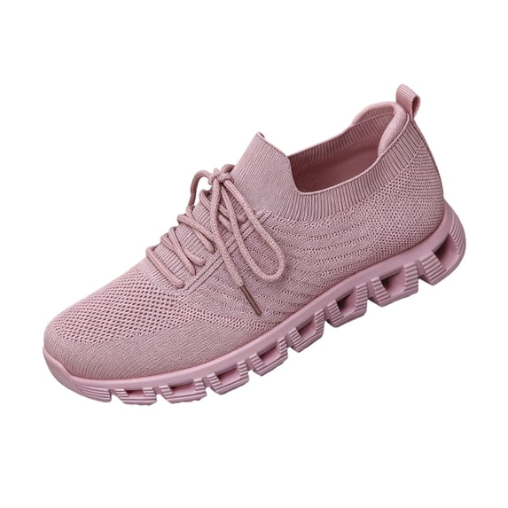 QWKLEAJ Walking Shoes Women Blade Tennis Sneakers, Slip On Elastic Lace Hollow Wave Cushion Breathable Running Shoes, Lightweight Non Slip Trainers, Workout Sport Athletic Trainers Pink 6
