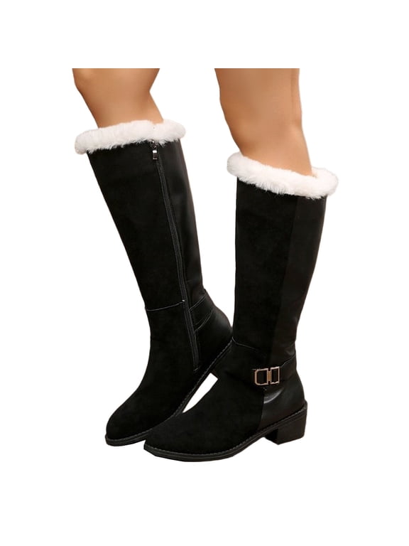 Women Fleece Lined Winter Knee High Boots, Side Zip Warm Casual Fur Trim Boots, Plus Size Black 9