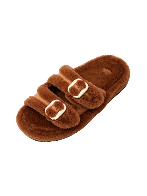 Women Fluffy Slippers Plush Indoor House Shoes Fuzzy Slide Sandals Cozy Warm Winter Bedroom Slip On Open Toe Faux Fur Soft Comfortable Non Slip Sole Casual Home Footwear