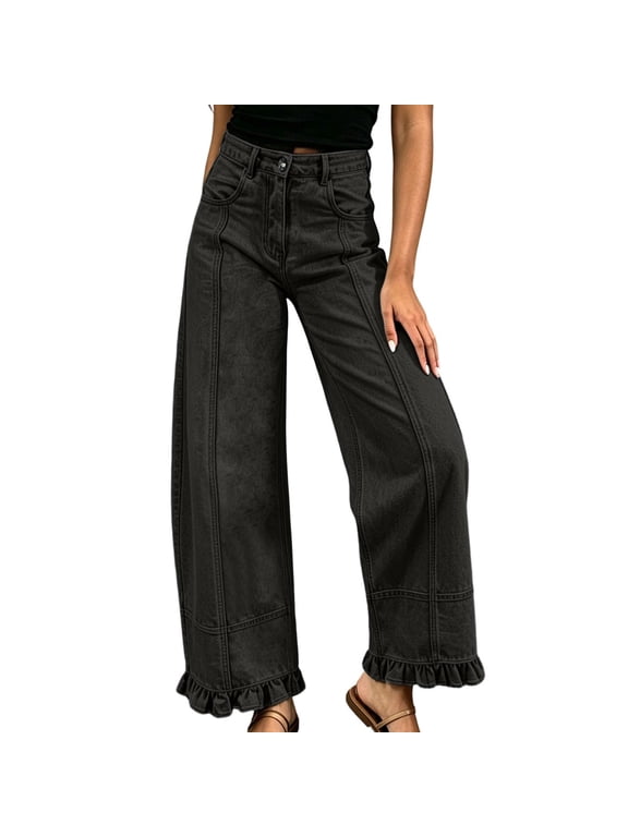 Women High Waist Wide Leg Denim Look Pants Retro Stitched Ruffle Hem Loose Faux Jeans Solid Color Casual Cropped Trousers With Pockets Black M