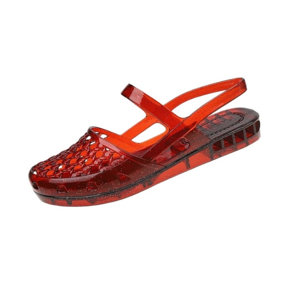 QWKLEAJ Women Jelly Mary Jane Sandals, Closed Round Toe Slingback Slip On Flat Slides, Waterproof Non Slip Slippers for Beach Shower Pool Household & Summer Daily Travel Wear Red 8