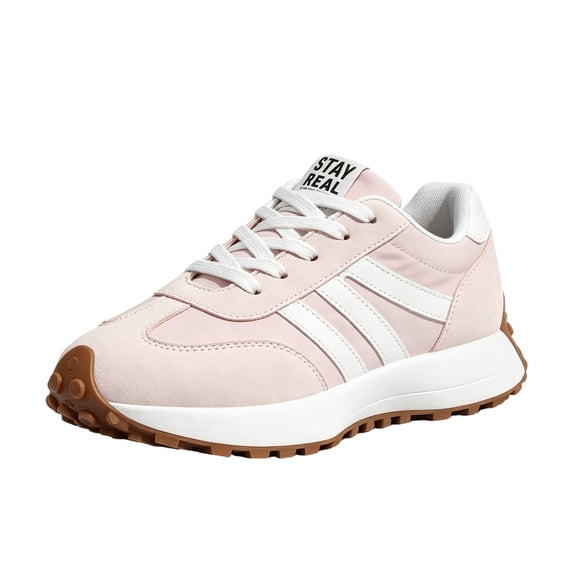 QWKLEAJ Women Mesh Striped Casual Sneakers, Lace‑Up Lightweight Athletic Shoes, Shock‑Absorbing Non‑Slip Walking Running Shoes for Daily Wear Pink 9