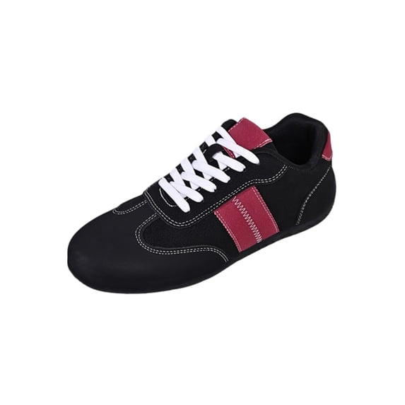 QWKLEAJ Women Retro Casual Barefoot Shoes Sneakers, Color‑Block Striped Lace‑Up Tennis Shoes, Lightweight Soft Sole Flat Fashion Trainers for Daily Walking Shopping Travel Wine 9.5