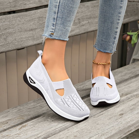 QWKLEAJ Women Soft Elastic Fly Knit Slip On Sneakers, Arch Support Wedge Mesh Walking Flats Non Slip Lightweight Gardening Footwear White 7.5 Wide