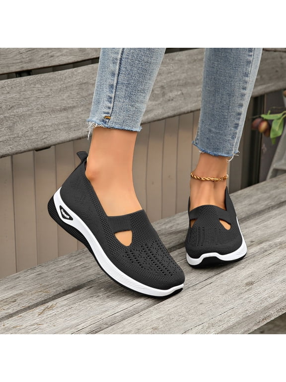 Women Solid Black Hollow Knit Slip On Walking Flats, Wedge Mesh Sneakers Lightweight Breathable Non Slip Gardening Travel Footwear Black 9 Wide