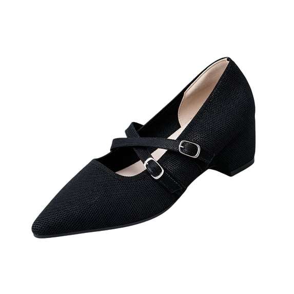 QWKLEAJ Women’s Casual Shoes Mary Jane Cross Strap Pumps, Breathable Knit Mesh Pointed Toe Block Heel Slip On Dress Shoes for Office Wedding Daily Walking Footwear Black 5