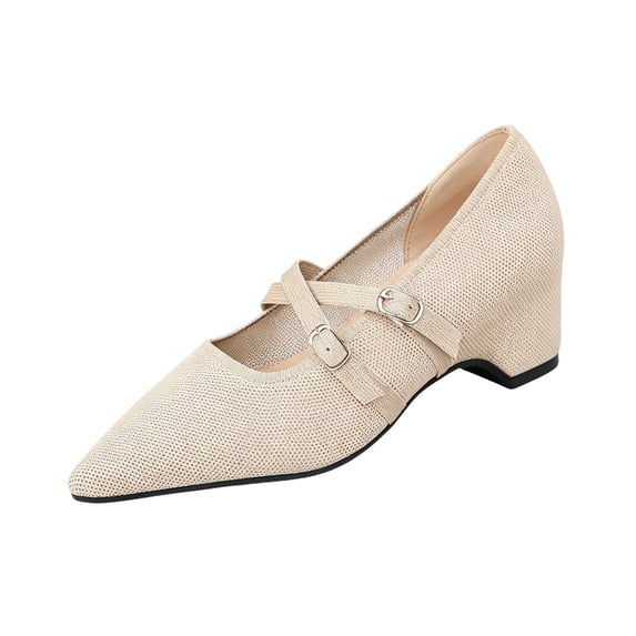 QWKLEAJ Women’s Casual Shoes Mary Jane Cross Strap Pumps, Breathable Knit Mesh Pointed Toe Block Heel Slip On Dress Shoes for Office Wedding Daily Walking Footwear Beige 8.5