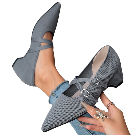 QWKLEAJ Women’s Casual Shoes Mary Jane Cross Strap Pumps, Breathable Knit Mesh Pointed Toe Block Heel Slip On Dress Shoes for Office Wedding Daily Walking Footwear Gray 5.5