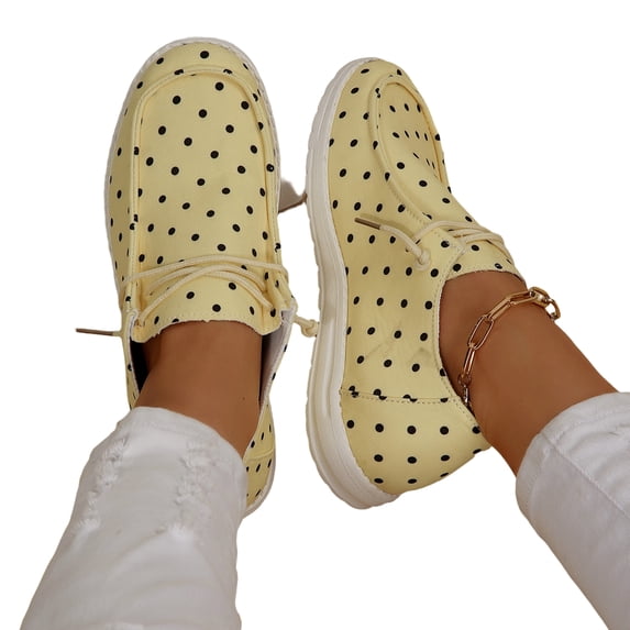 QWKLEAJ Women’s Casual Shoes Soft Suede Moccasin Loafers, Polka Dot Printed Lace Up Round Toe Non Slip Flat Shoes for Daily Walking Office Comfort Footwear Yellow 9