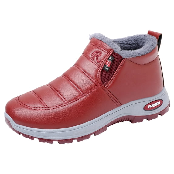 QWKLEAJ Women’s Casual Shoes Winter Ankle Boots, Full Fleece Lined Waterproof PU Side Zipper Non Slip Thermal Walking Booties for Cold Weather Snow Hiking Outdoor Footwear Red 7